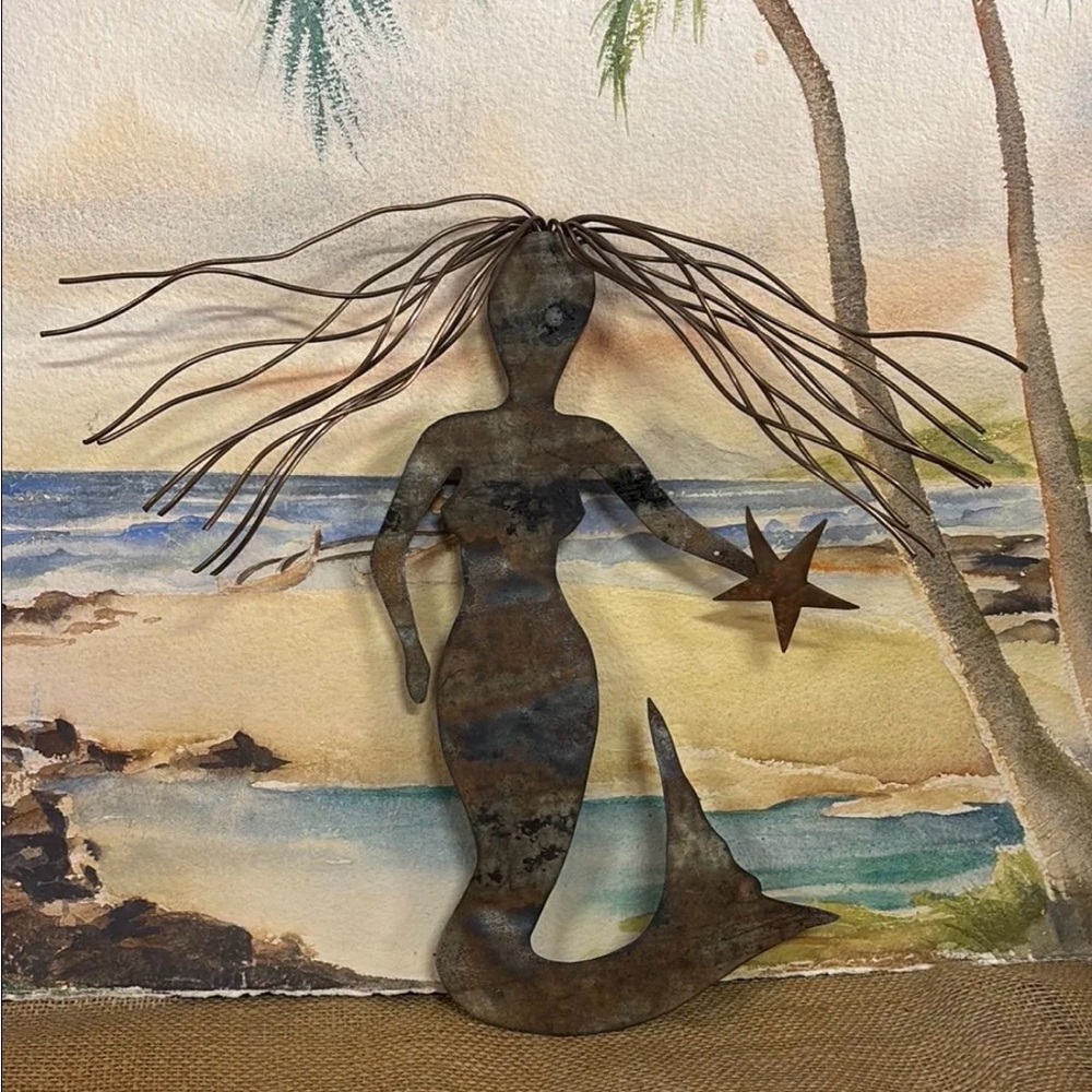 SOLD • Beach • Mermaid 13” Rustic Metal Wall Art with Star - Beach Coastal Home